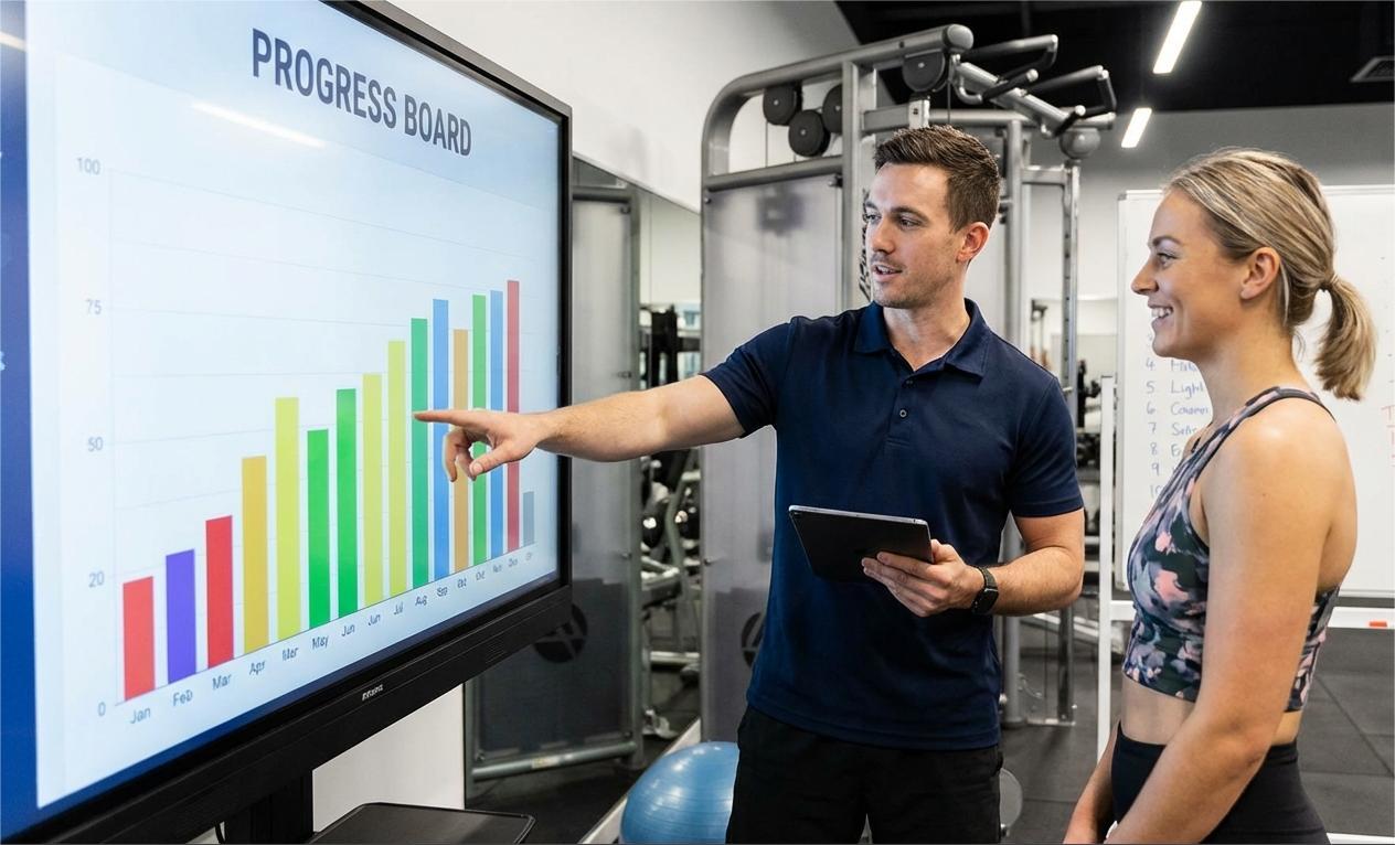 Fitness coach measuring client progress during Progress Tracking in Fitness Coaching session