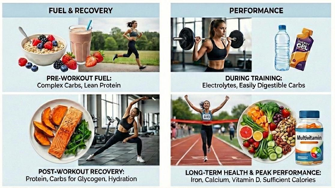 Female sports nutrition meal prep for female athlete in Perth kitchen with balanced protein, carbohydrates and hydration setup