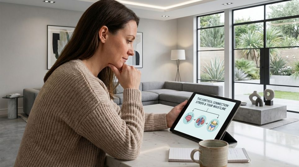 Health concept illustrating cortisol stress weight gain in women and hormonal imbalance