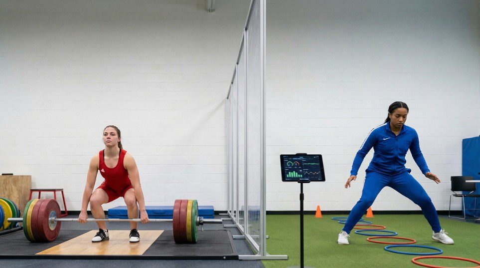 female athlete development training women performing strength exercises in gym setting