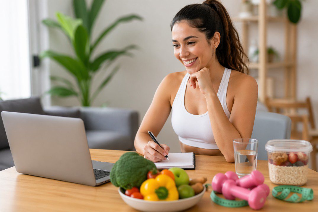online nutrition coaching for women session with healthy Perth woman at home laptop consultation