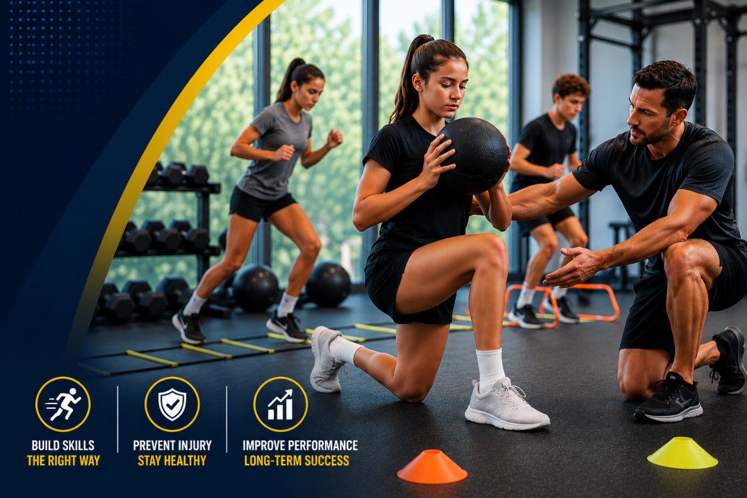 Youth athlete development training session with female athlete and coach in Perth gym facility