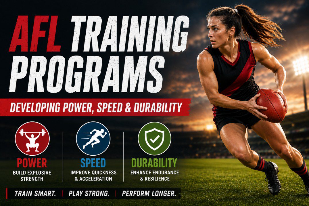 AFL conditioning training program featuring a female Australian Rules Football athlete developing power, speed and durability on a football field