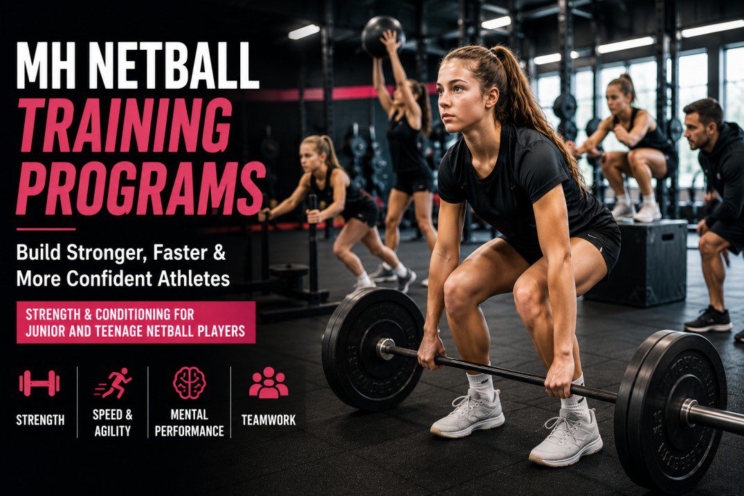 AFL conditioning training program featuring a female Australian Rules Football athlete developing power, speed and durability on a football field